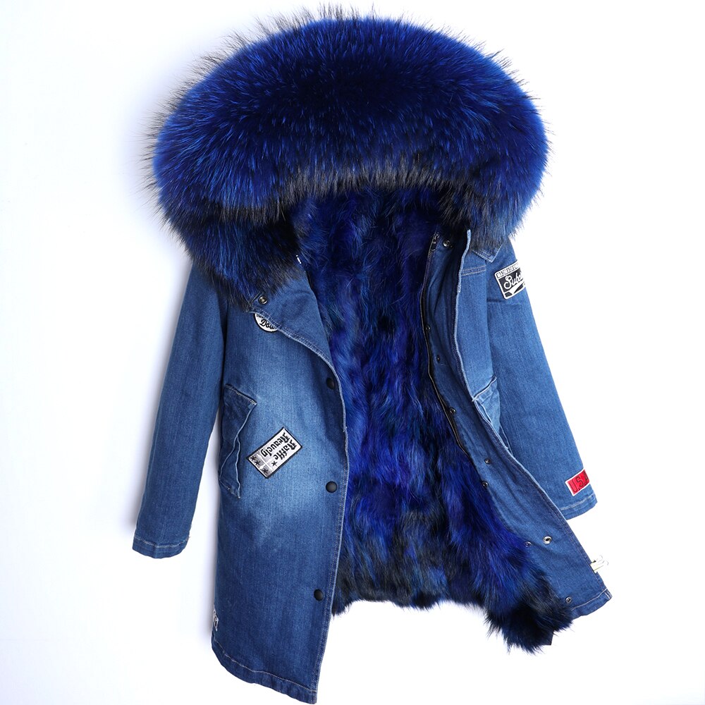  Maomaokong Real Raccoon Fur Coat Fox Collar Denim Coats Winter Jackets Women Parkas Hooded Real Rabbit Fur Liner Women's Jacket -  - DYAVOR® 