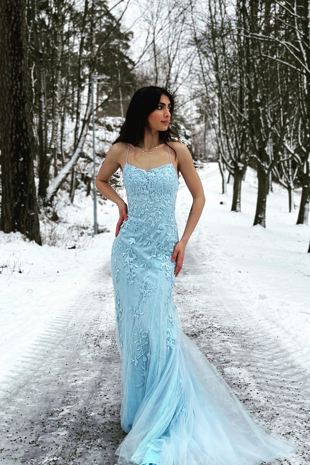  Blue Mermaid Spaghetti Straps Criss Cross Back Long Prom Dress - Prom Dress - DYAVOR® 