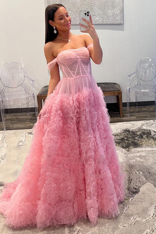  Kenia |A Line Off the Shoulder Ruffled Tulle Prom Dress with Slit - Prom Dress - DYAVOR® 
