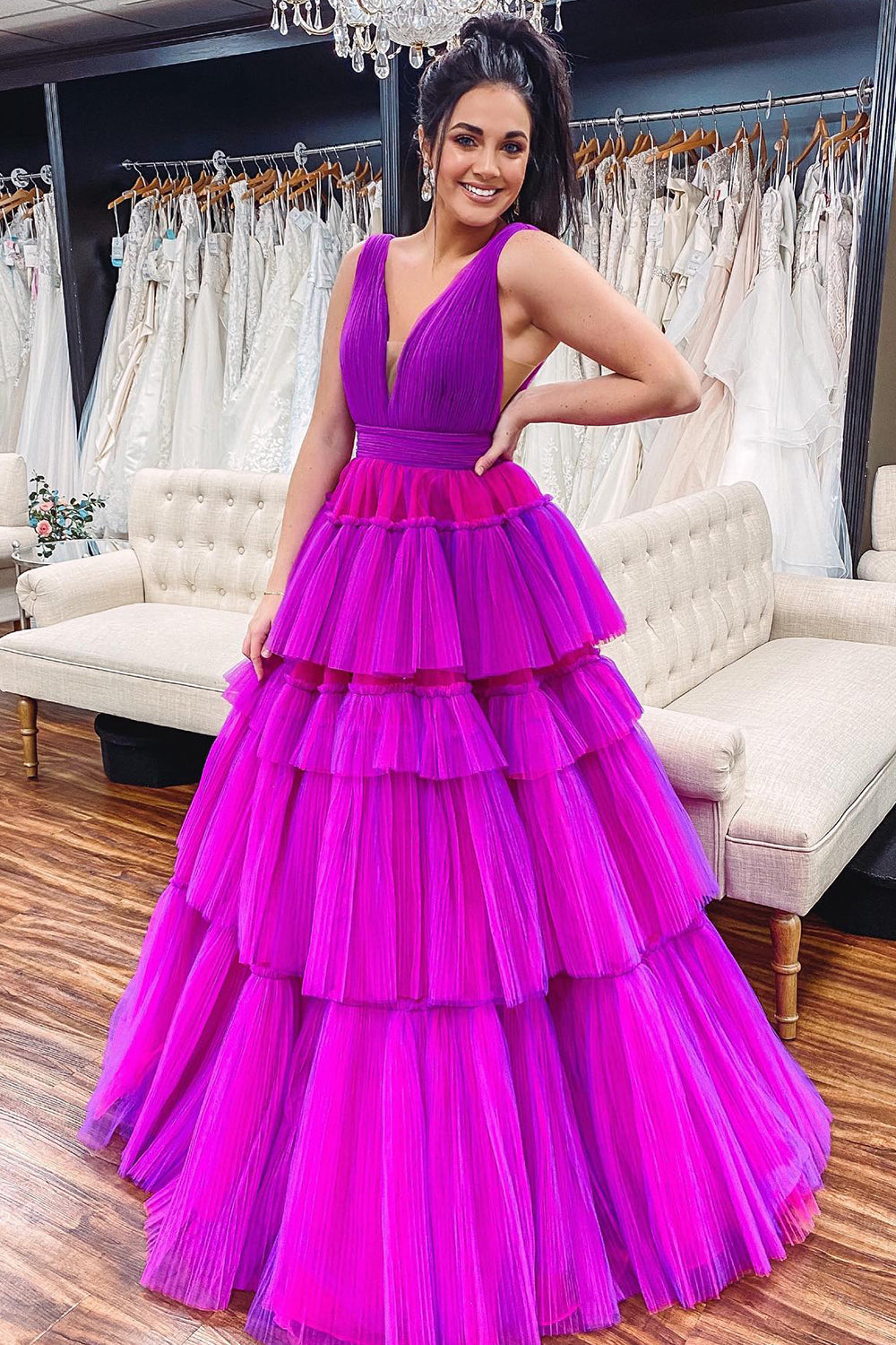  Giana |A-Line V Neck Tiered Tulle Prom Dress - Prom Dress - DYAVOR® 