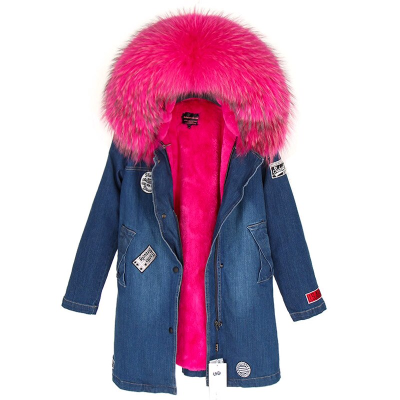  Maomaokong Real Raccoon Fur Coat Fox Collar Denim Coats Winter Jackets Women Parkas Hooded Real Rabbit Fur Liner Women's Jacket -  - DYAVOR® 