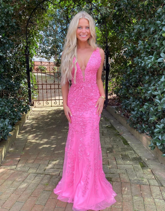  Kallie |Hot Pink Mermaid Plunge V Neck Lace Prom Dress - Prom Dress - DYAVOR® 