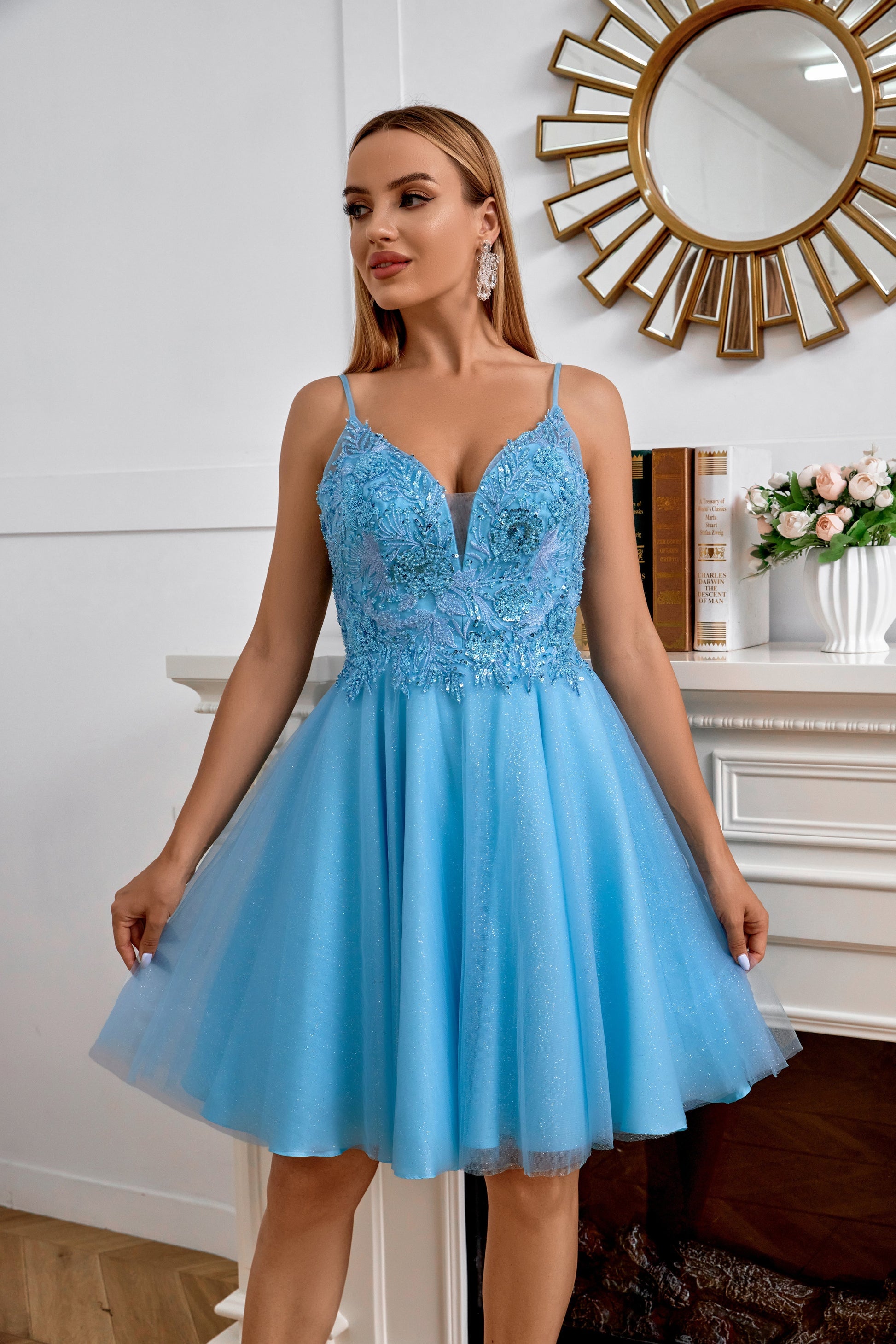  Rhiannon |A Line V Neck Applique Tulle Homecoming Dress - Homecoming Dress - DYAVOR® 