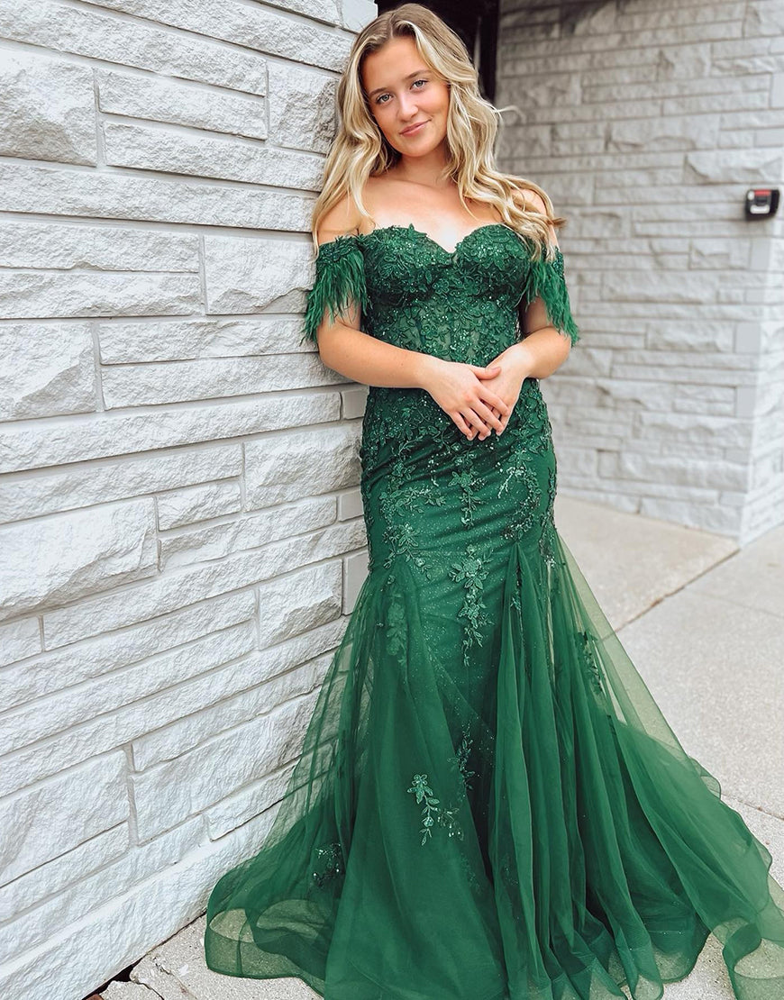  Pauline | Dark Green Mermaid Long Corset Prom Dress With Appliques - Prom Dress - DYAVOR® 