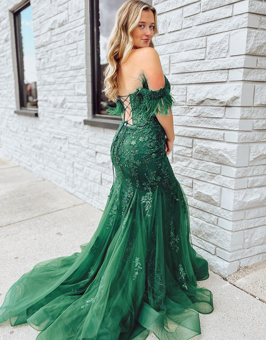  Pauline | Dark Green Mermaid Long Corset Prom Dress With Appliques - Prom Dress - DYAVOR® 