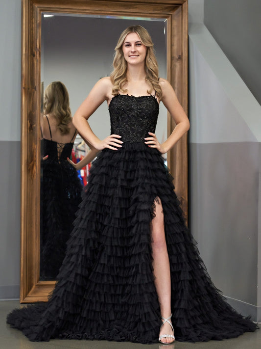  Jordan | Black A-Line Tiered Sequins Tulle Long Prom Dress - Prom Dress - DYAVOR® 