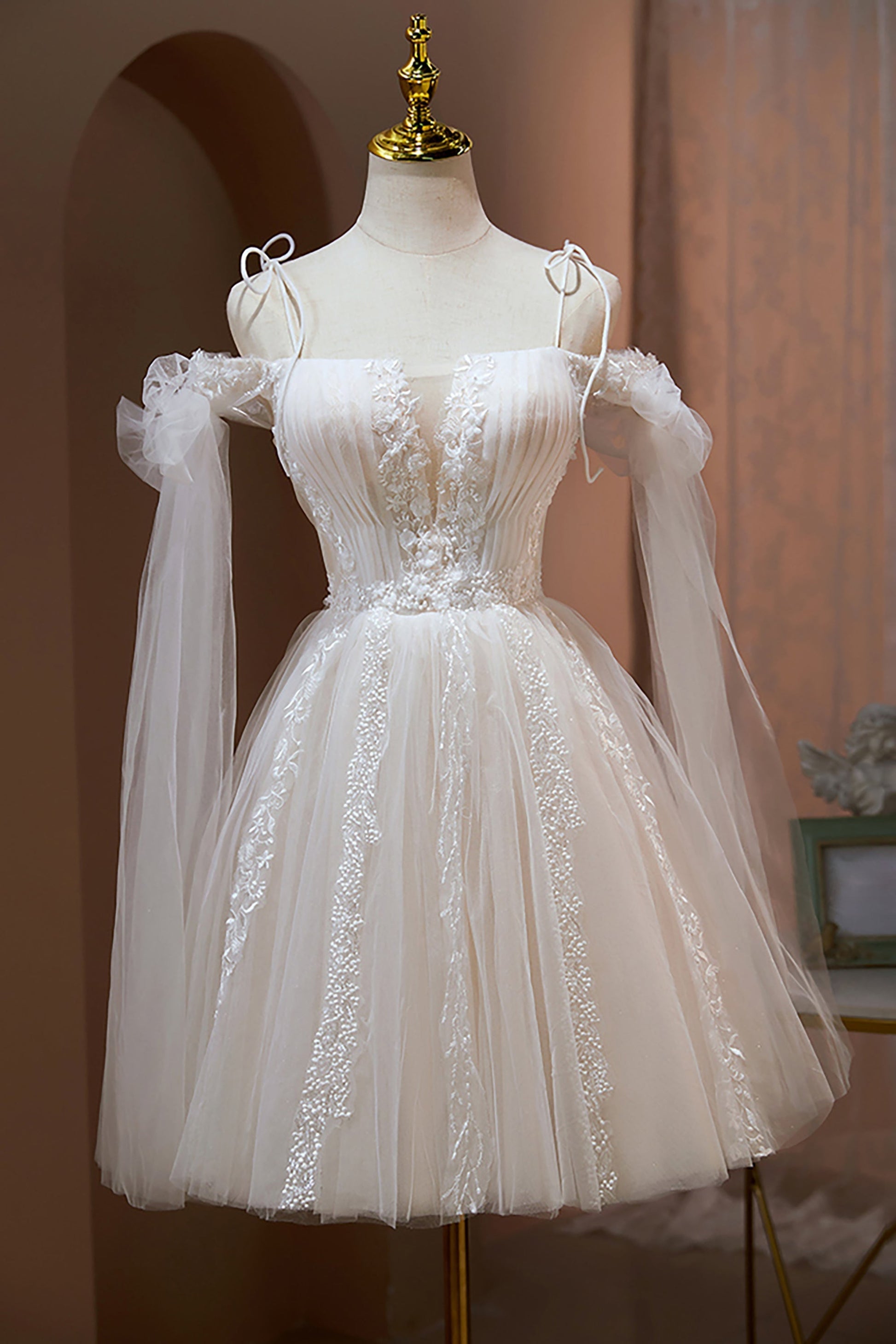  Viveca | Spaghetti Straps A Line Appliques Tulle Short Homecoming Dresses - Homecoming Dress - DYAVOR® 