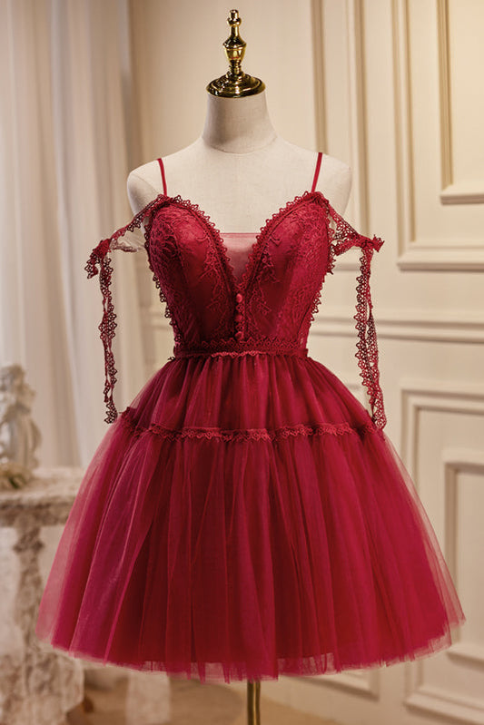  Rebecca |Burgundy A Line V Neck Tulle Homecoming Dress - Homecoming Dress - DYAVOR® 