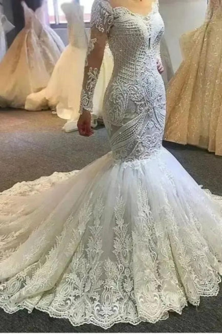  Long sleeves Ivory Sweetheart Fit and Flare Lace Wedding Dress - Wedding Dresses - DYAVOR® 