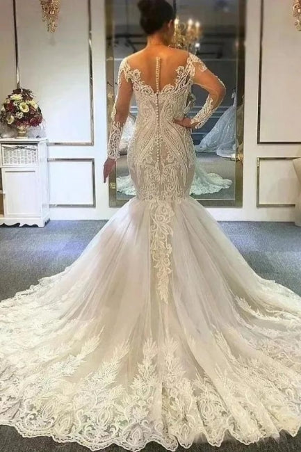  Long sleeves Ivory Sweetheart Fit and Flare Lace Wedding Dress - Wedding Dresses - DYAVOR® 