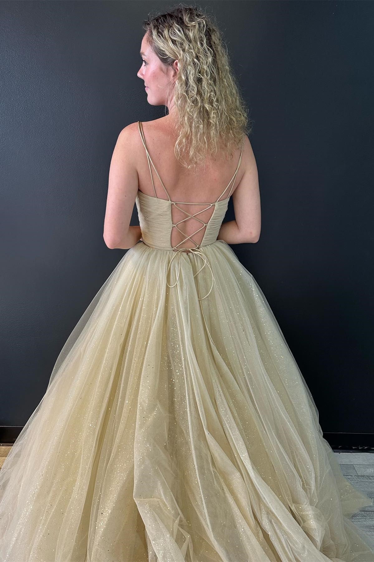  Nia |A line V Neck Glitter Tulle Prom Dress with Lace up Back - Prom Dress - DYAVOR® 