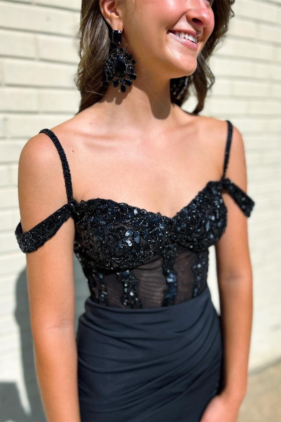  Black Sequin Cold-Shoulder Mermaid Long Formal Dress with Slit - Prom Dress - DYAVOR® 