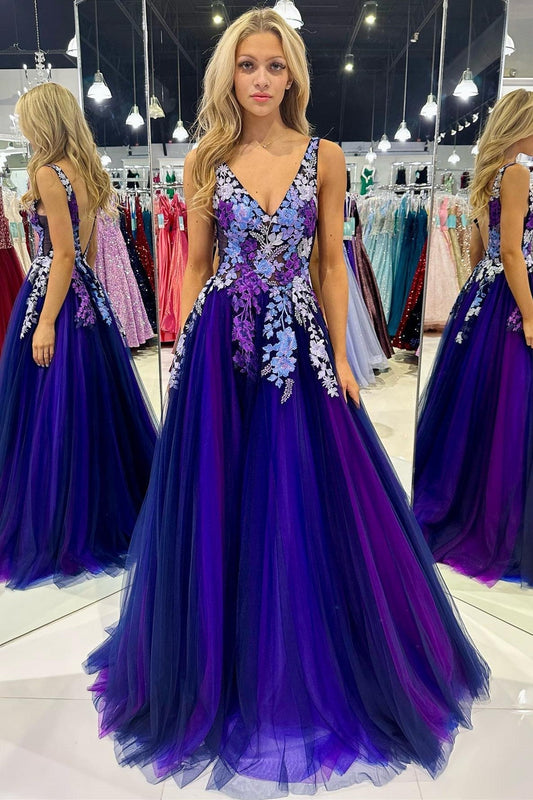  Purple Tulle Appliques V-Neck Open Back Long Prom Dress - Prom Dress - DYAVOR® 