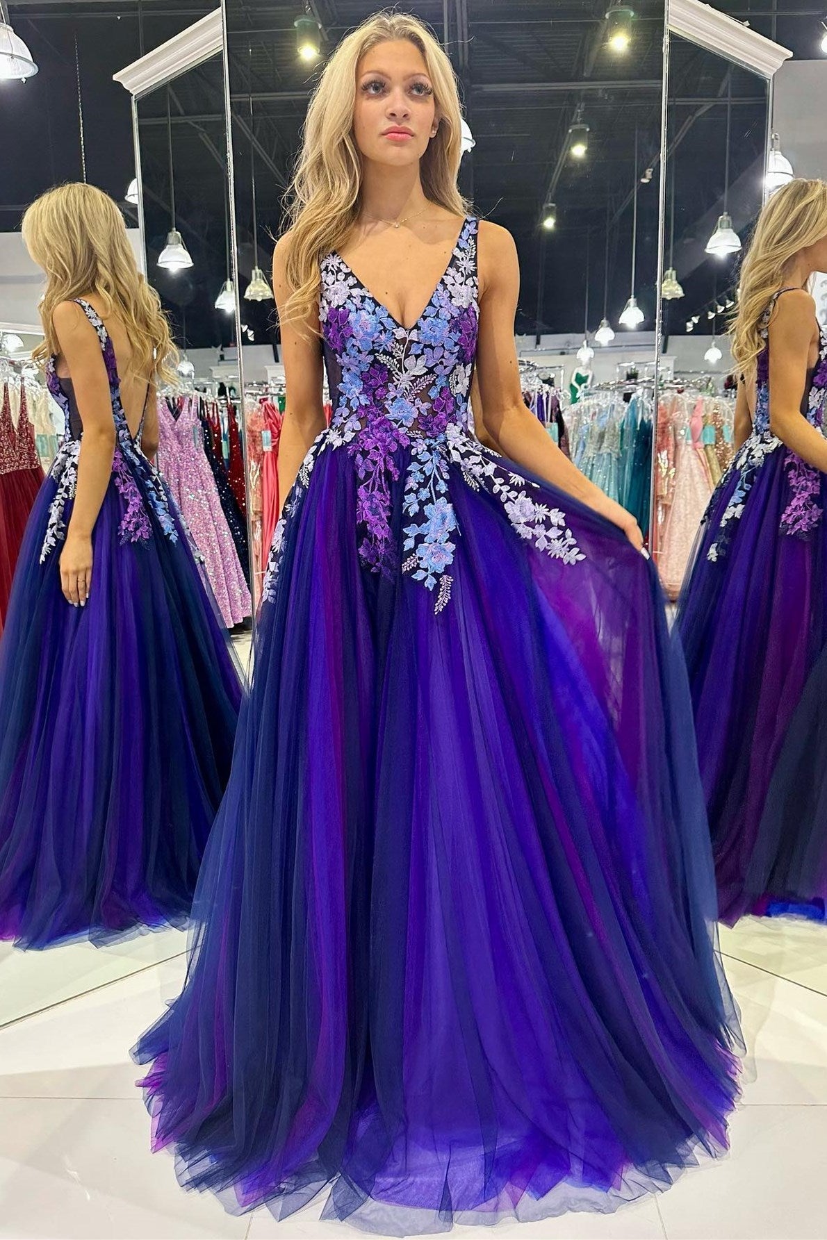  Purple Tulle Appliques V-Neck Open Back Long Prom Dress - Prom Dress - DYAVOR® 