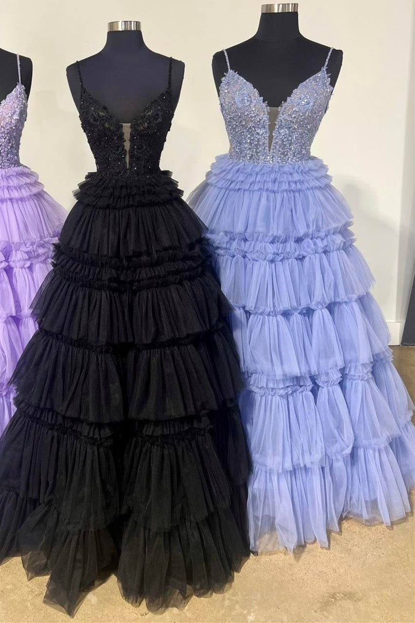  Hadlee | Black Beaded Spaghetti Strap Ruffle Tiered Ball Gown - Prom Dress - DYAVOR® 