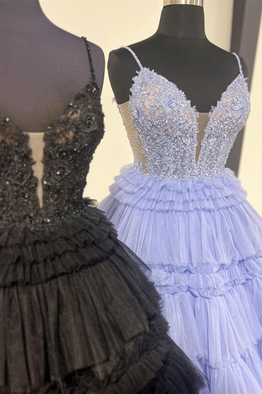  Hadlee | Black Beaded Spaghetti Strap Ruffle Tiered Ball Gown - Prom Dress - DYAVOR® 