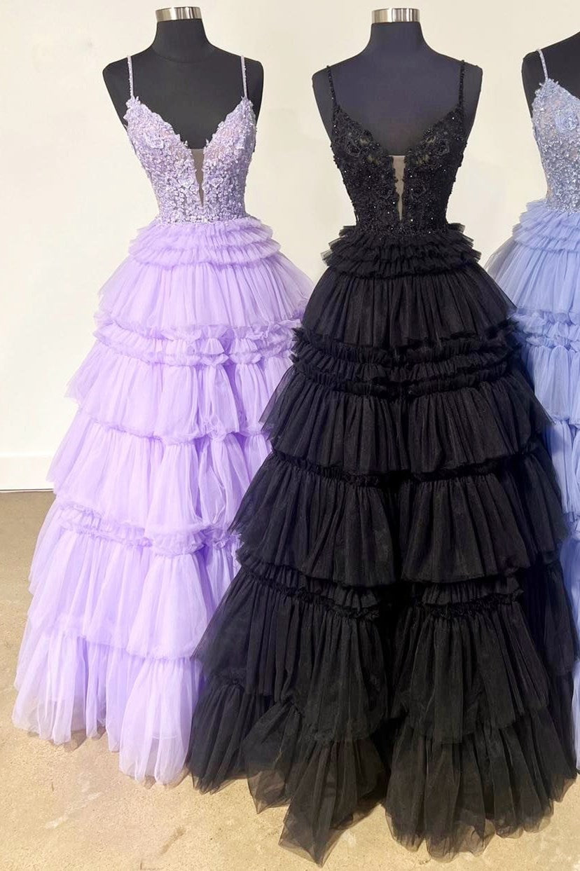  Hadlee | Black Beaded Spaghetti Strap Ruffle Tiered Ball Gown - Prom Dress - DYAVOR® 