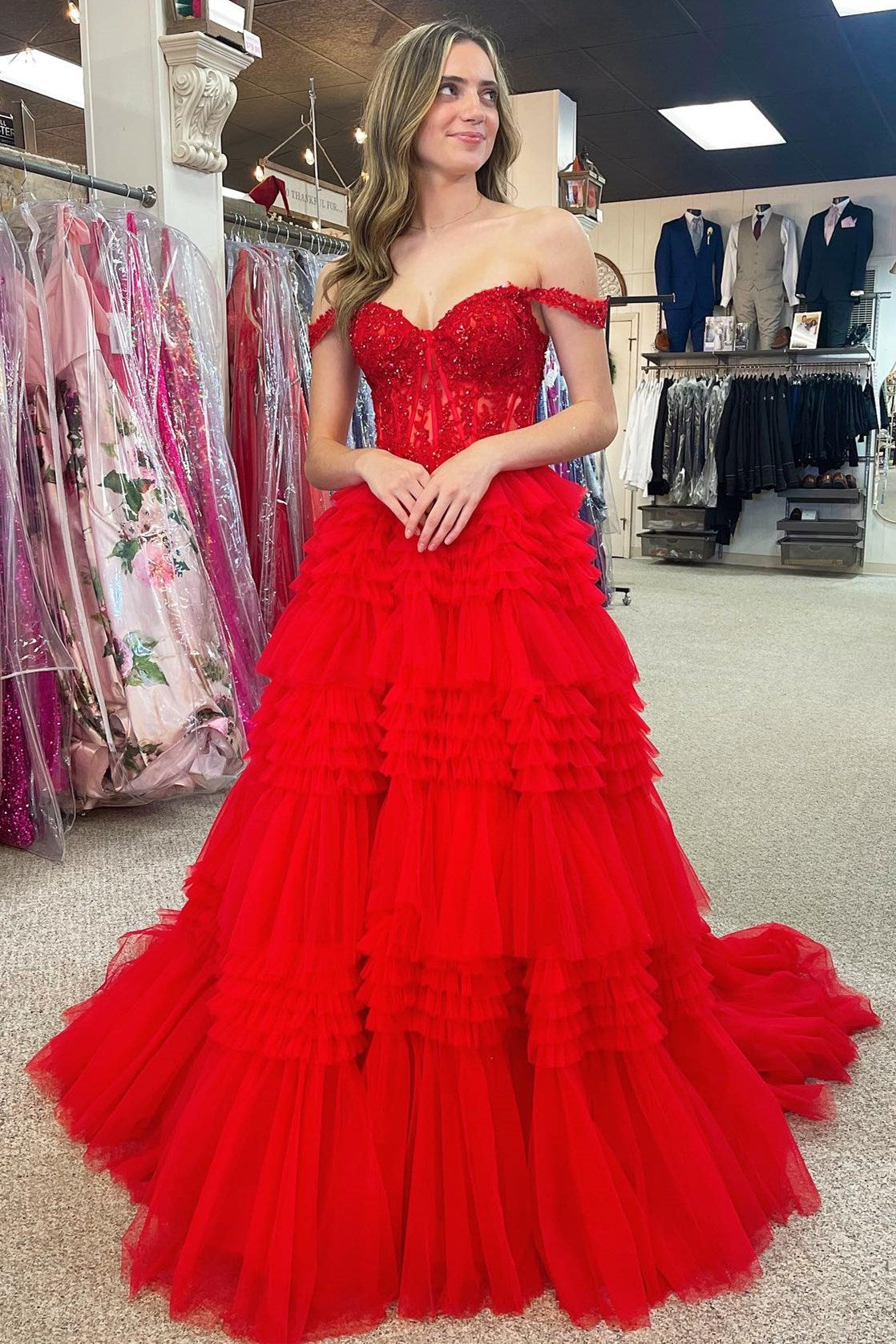  Elina | Red Tulle Off-the-Shoulder Ruffle Tiered Long Prom Dress - Prom Dress - DYAVOR® 