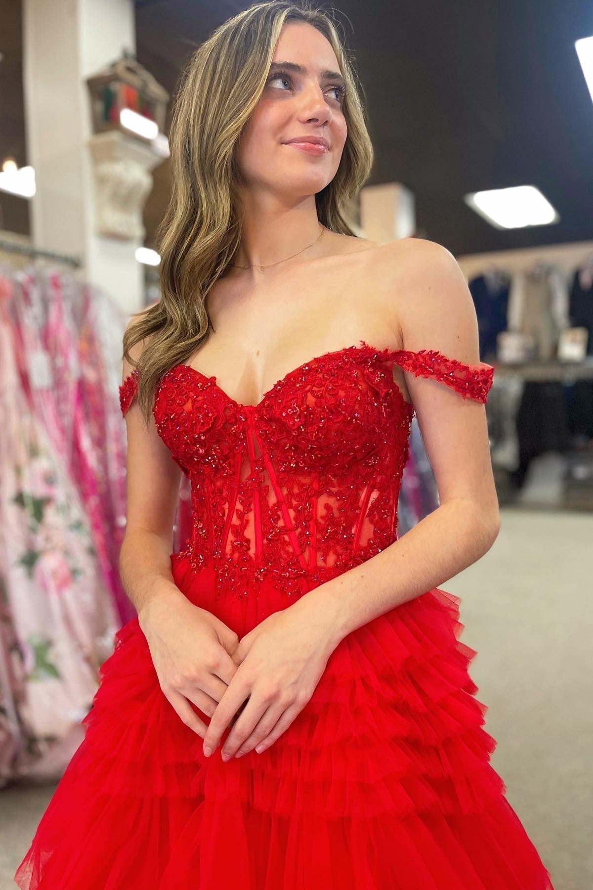  Elina | Red Tulle Off-the-Shoulder Ruffle Tiered Long Prom Dress - Prom Dress - DYAVOR® 