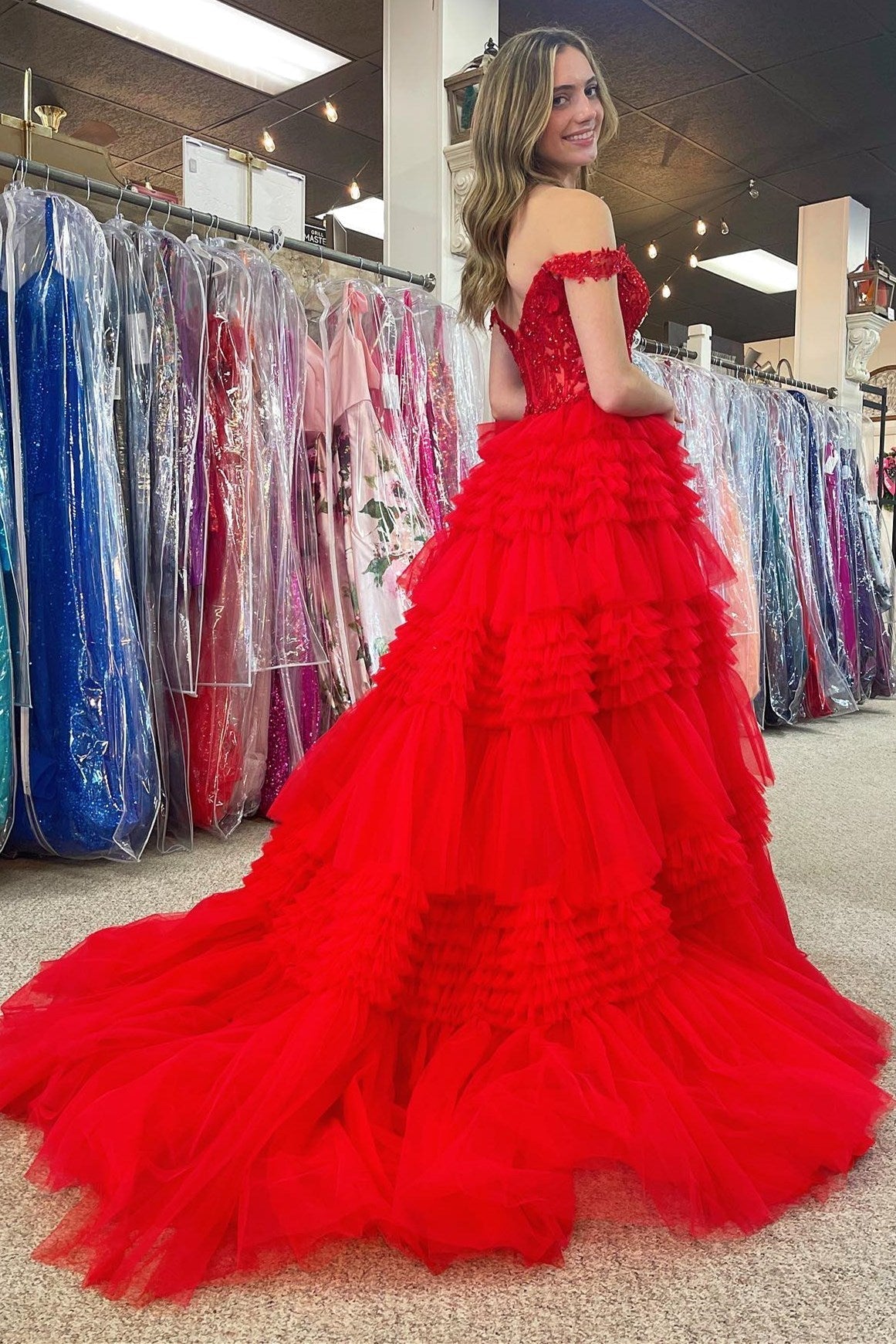  Elina | Red Tulle Off-the-Shoulder Ruffle Tiered Long Prom Dress - Prom Dress - DYAVOR® 