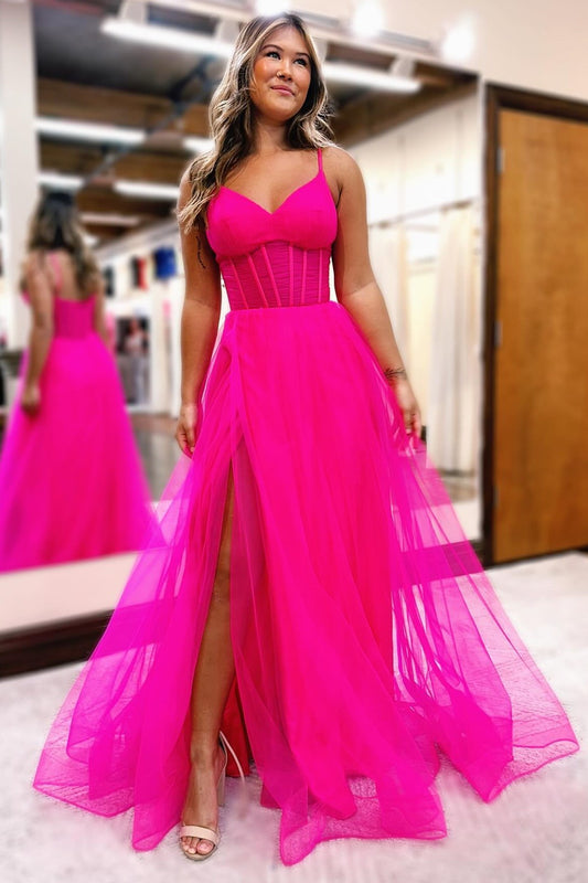 Galilea | Fuchsia V-Neck Sheer Bodice A-Line Long Prom Dress with Slit - Prom Dresses - DYAVOR® 