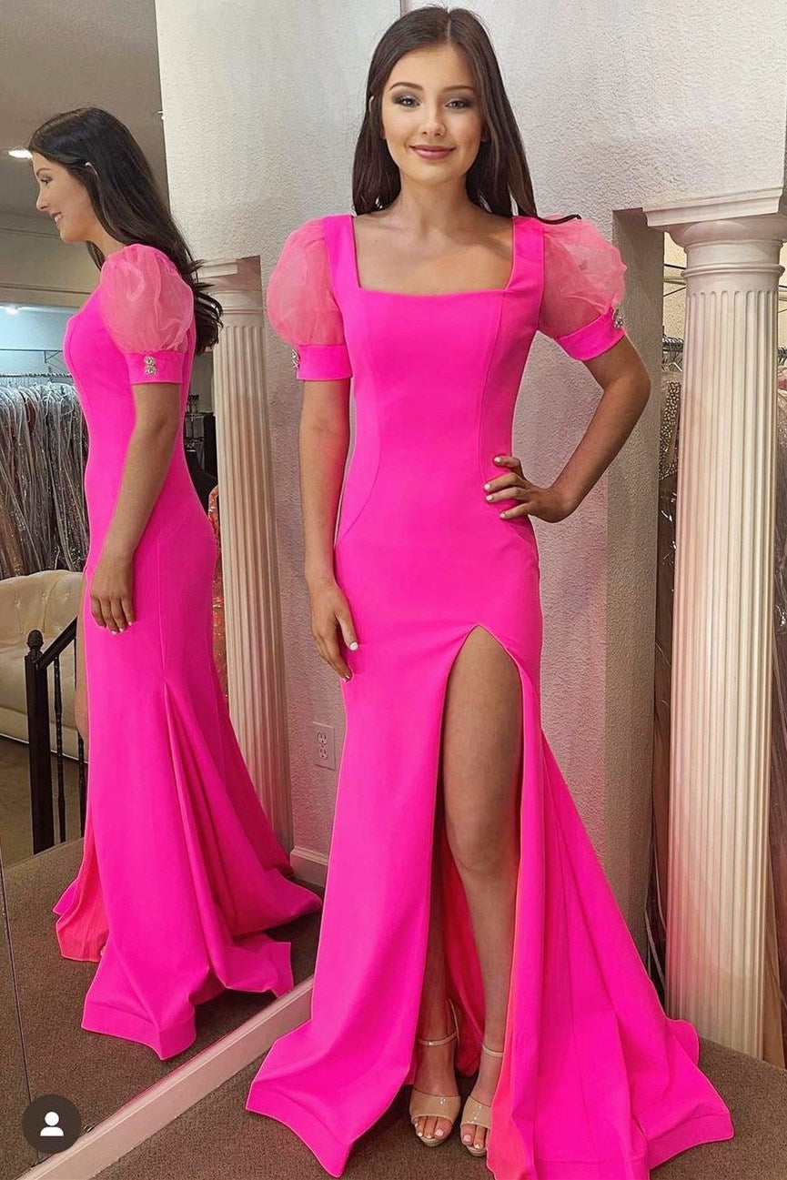  Hot Pink Square Neck Puff Sleeve Mermaid Long Dress with Slit - Prom Dress - DYAVOR® 