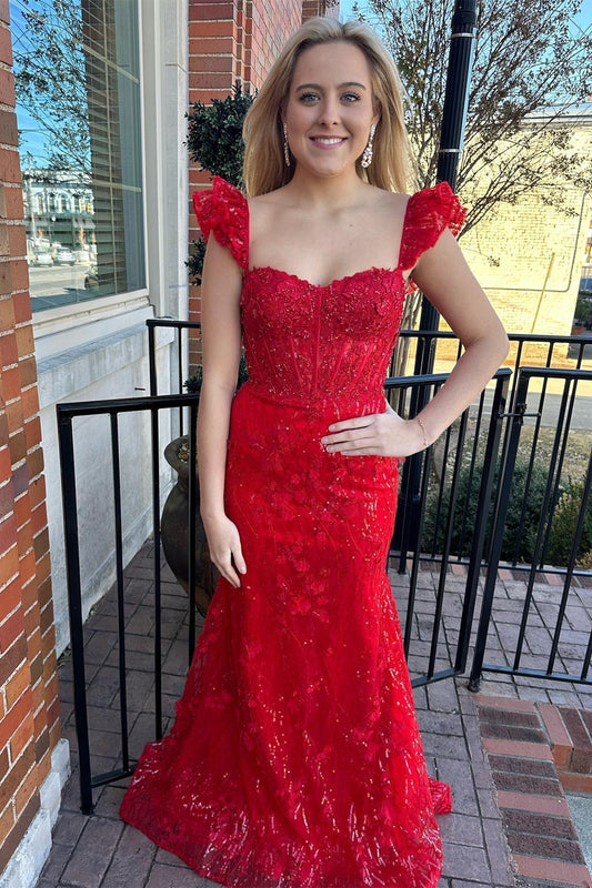  Liv | Red Appliques Sweetheart Flutter Sleeve Mermaid Long Prom Dress - Prom Dresses - DYAVOR® 