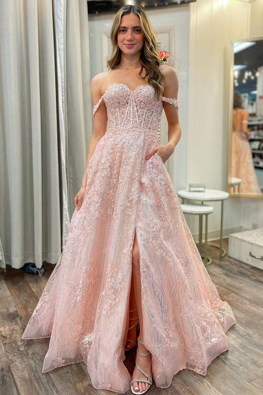  Sally | Pink Appliques Off-the-Shoulder A-Line Long Prom Dress - Prom Dress - DYAVOR® 