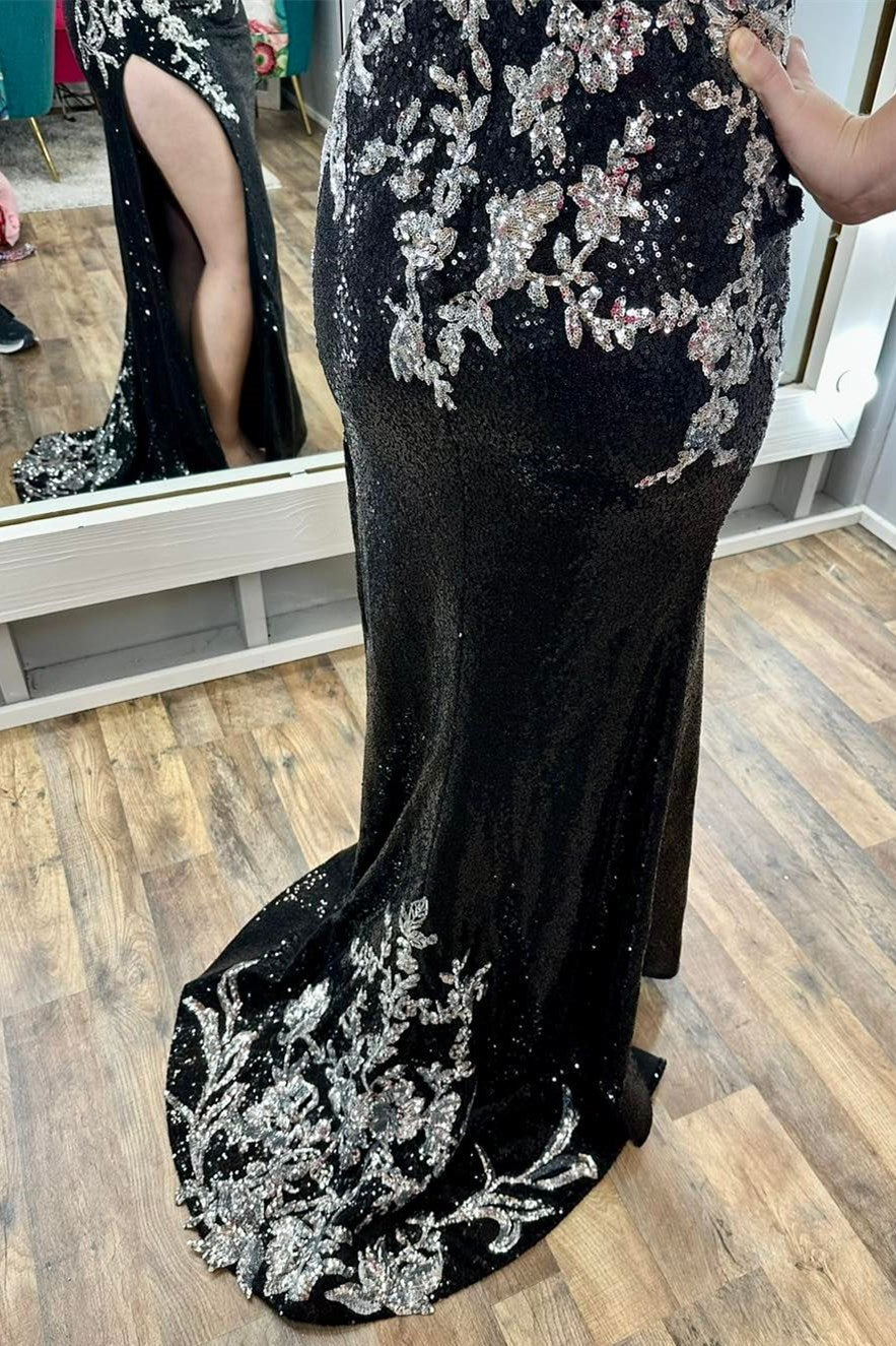  Charleigh | Black Sequin Appliques Spaghetti Strap Long Prom Dress with Slit - Prom Dress - DYAVOR® 