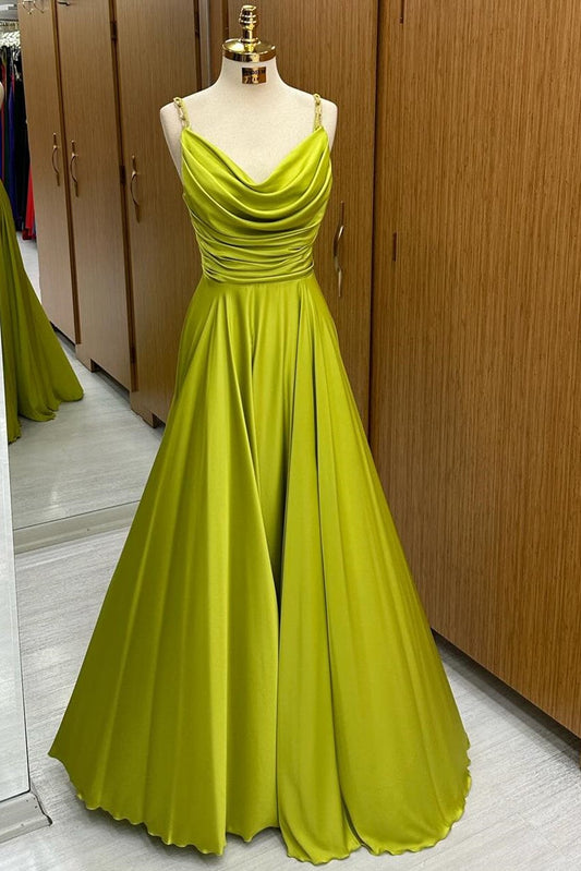  Carter | Olive Green Cowl Neck Chain Strap A-Line Long Prom Dress - Prom Dress - DYAVOR® 