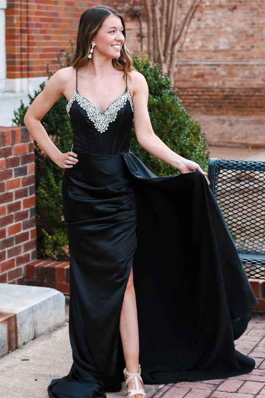  Polly | Black Rhinestone V-Neck Long Formal Dress with Attached Train - Prom Dress - DYAVOR® 