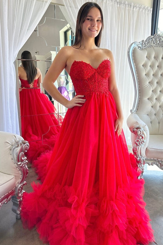  Romy | Red Tulle Appliques Sweetheart Ruffle Long Prom Dress - Prom Dress - DYAVOR® 