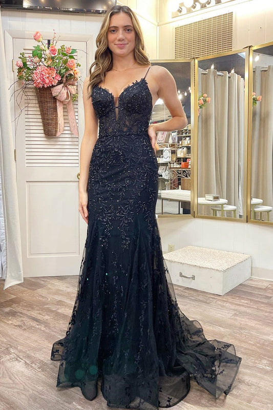  Black Appliques Plunge V Lace-Up Trumpet Prom Gown - Prom Dress - DYAVOR® 