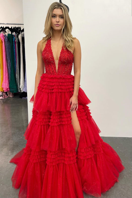 Red Tulle Appliques Halter Ruffle Tiered Ball Gown - Prom Dress - DYAVOR® 