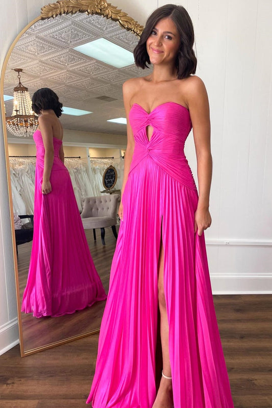 Hot Pink Strapless Keyhole Pleated A-Line Prom Dress