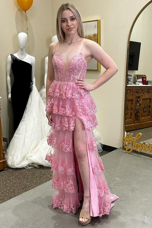  Pink Glitter Appliques Lace-Up Ruffle Tiered Long Dress with Slit - Prom Dress - DYAVOR® 