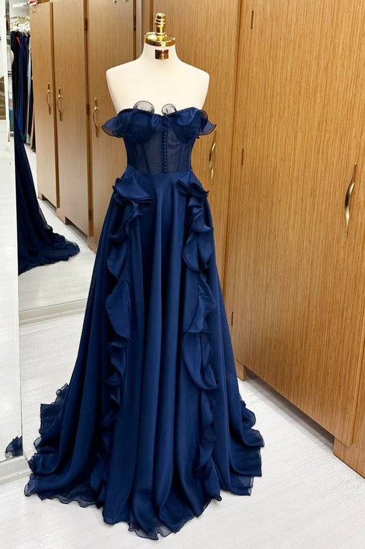  Navy Blue Corset Ruffle Maxi Dress - Prom Dress - DYAVOR® 