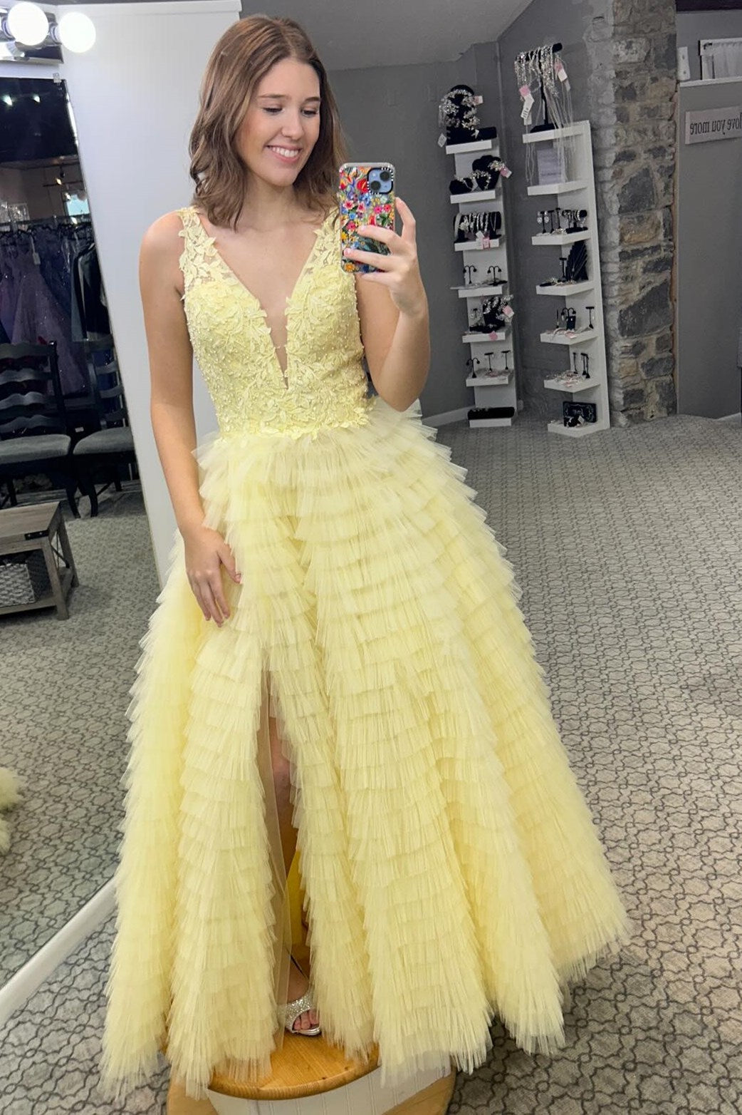  Yellow Plunge V Ruffle Tiered Long Prom Dress with Slit - Prom Dresses - DYAVOR® 