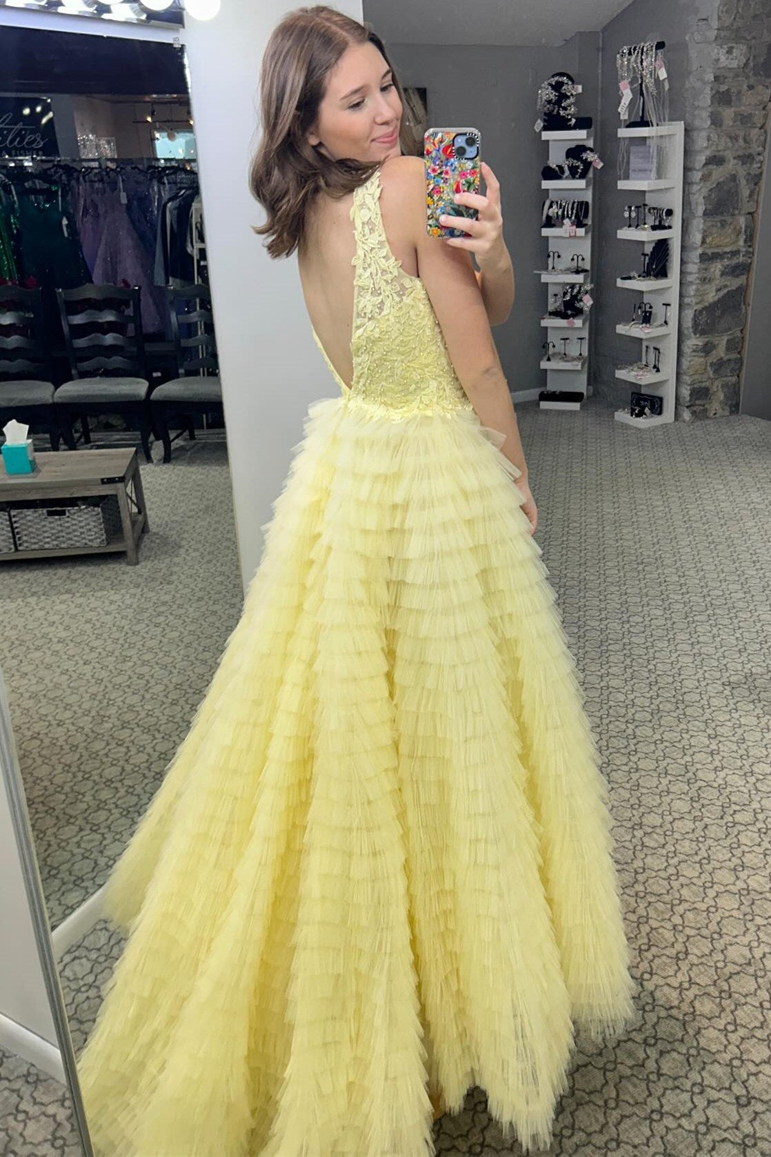  Yellow Plunge V Ruffle Tiered Long Prom Dress with Slit - Prom Dresses - DYAVOR® 