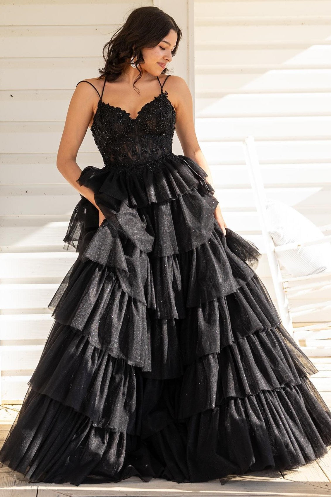  Tiered Ruffle Appliques Corset Long Prom Dress with Spaghetti Straps - Prom Dress - DYAVOR® 