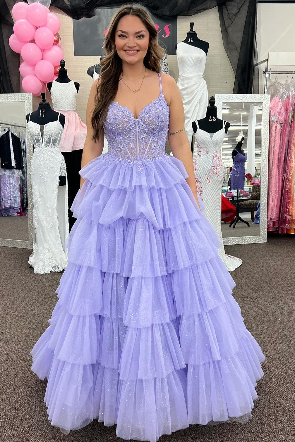  Tiered Ruffle Appliques Corset Long Prom Dress with Spaghetti Straps - Prom Dress - DYAVOR® 