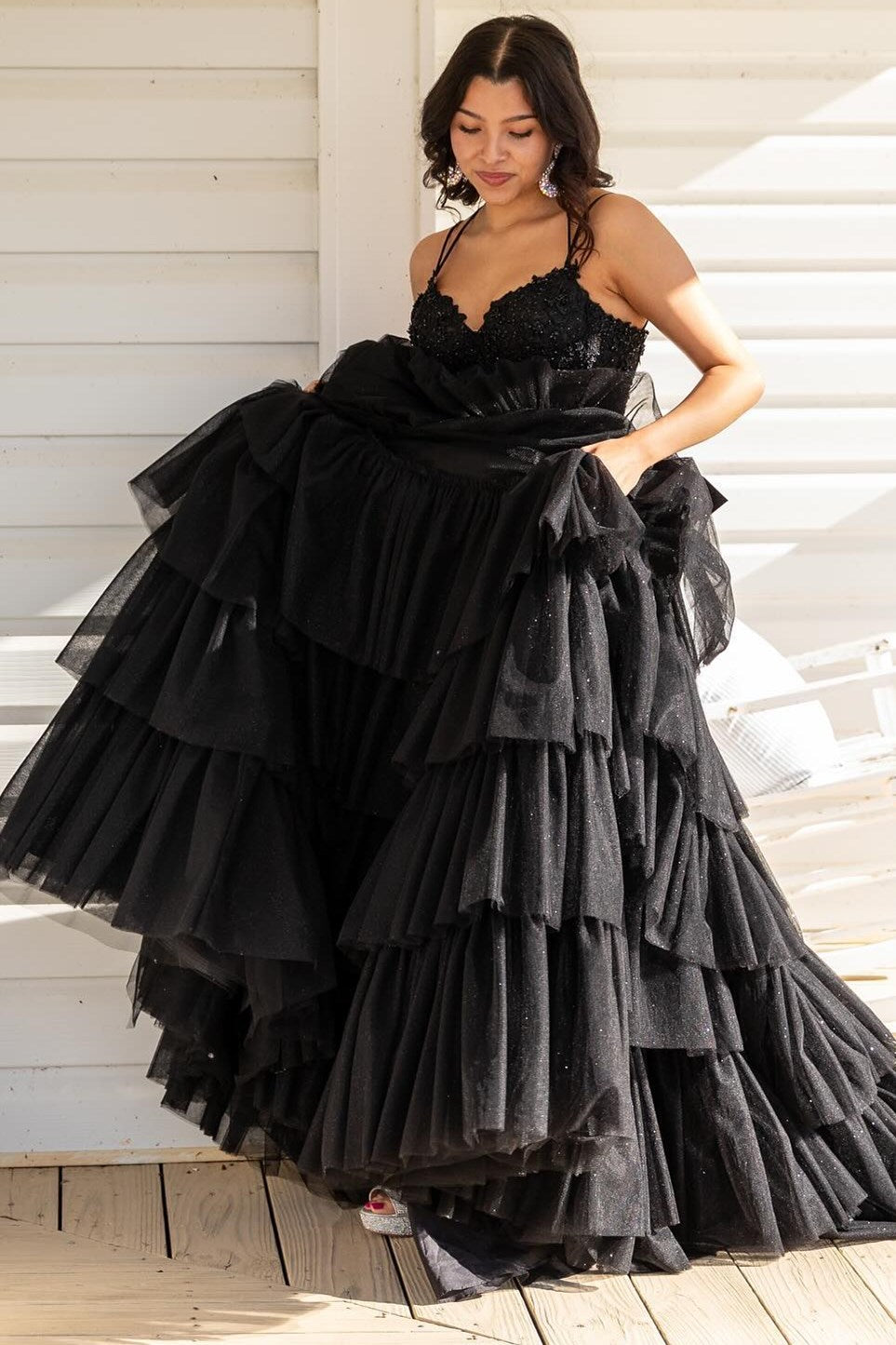  Tiered Ruffle Appliques Corset Long Prom Dress with Spaghetti Straps - Prom Dress - DYAVOR® 