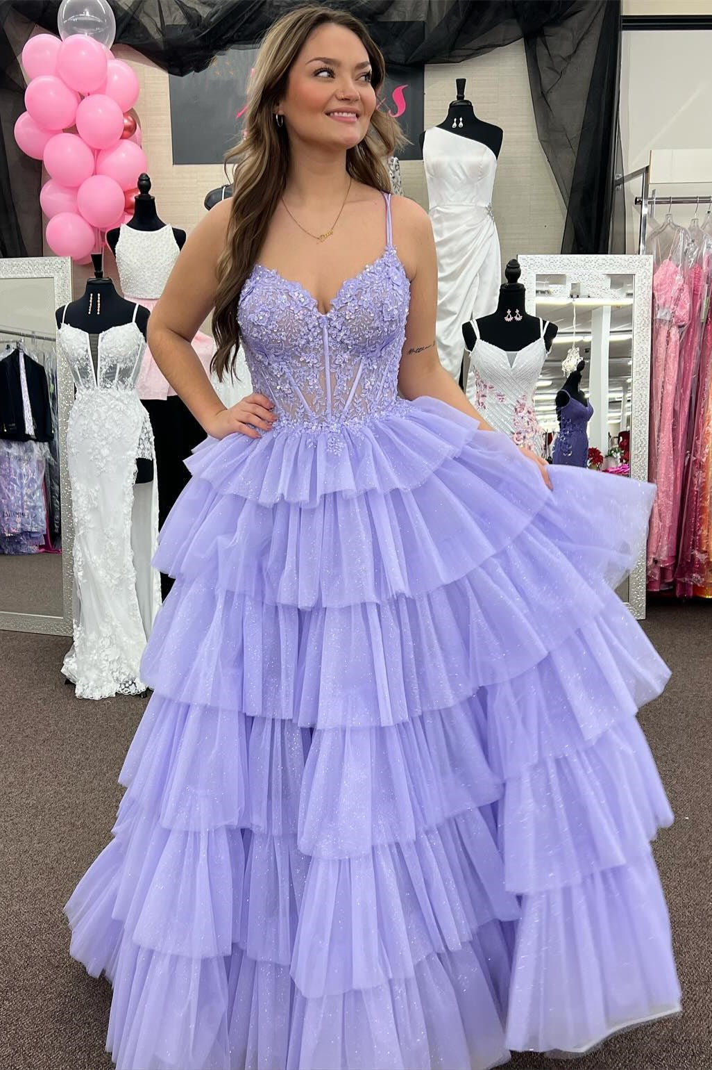  Tiered Ruffle Appliques Corset Long Prom Dress with Spaghetti Straps - Prom Dress - DYAVOR® 