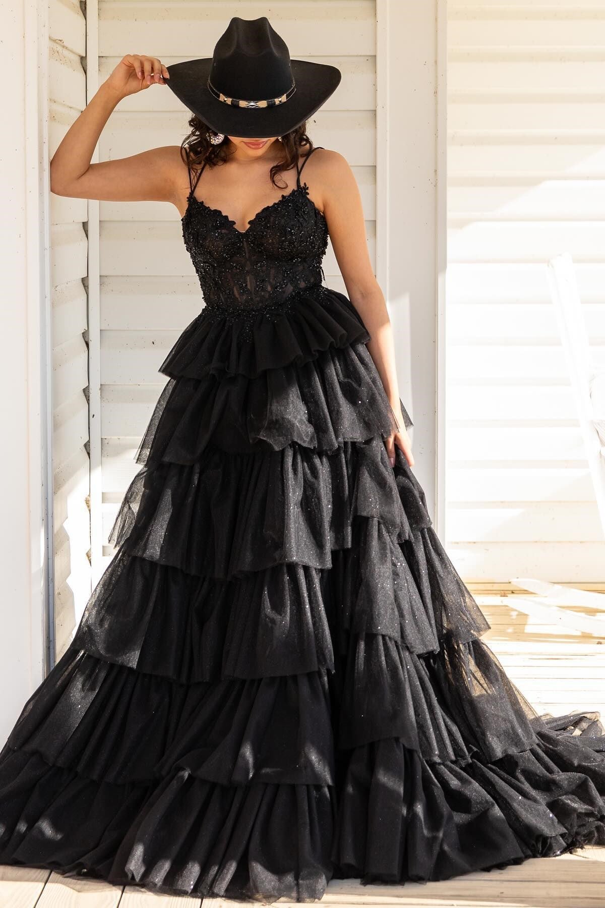  Tiered Ruffle Appliques Corset Long Prom Dress with Spaghetti Straps - Prom Dress - DYAVOR® 