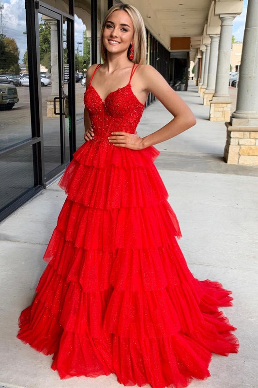  Tiered Ruffle Appliques Corset Long Prom Dress with Spaghetti Straps - Prom Dress - DYAVOR® 