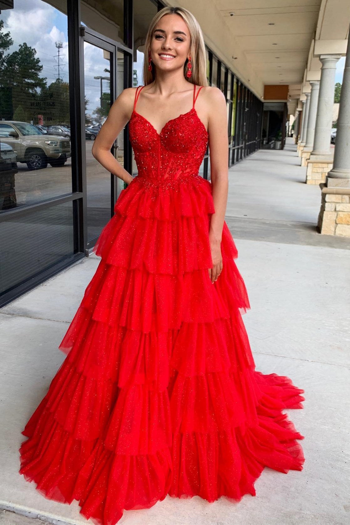  Tiered Ruffle Appliques Corset Long Prom Dress with Spaghetti Straps - Prom Dress - DYAVOR® 