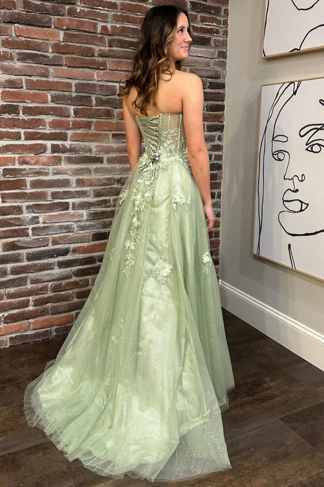  Sage Green Sweetheart Lace-Up Long Prom Dress with 3D Floral Lace - Prom Dress - DYAVOR® 