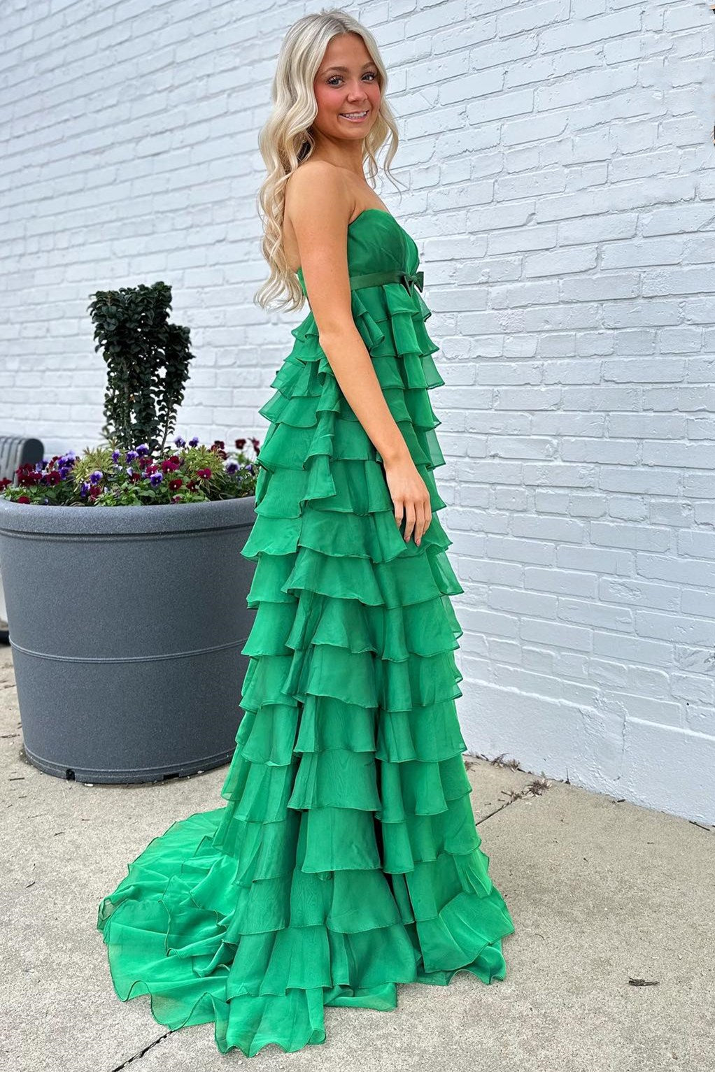  Strapless High-Waist Ruffle Tiered Long Prom Dress with Bow - Prom Dress - DYAVOR® 