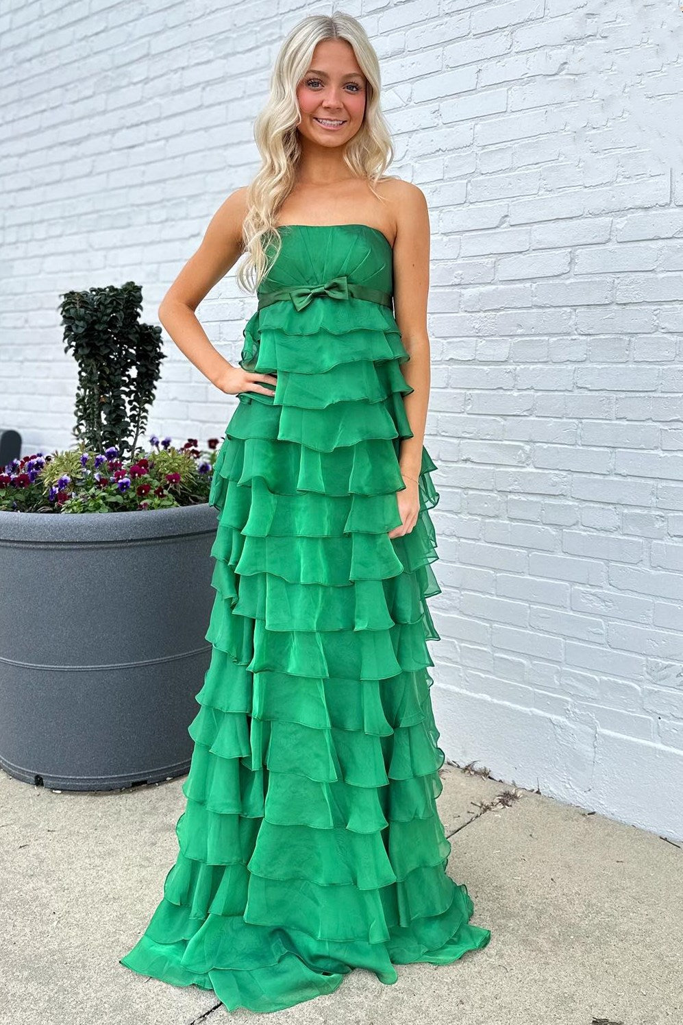  Strapless High-Waist Ruffle Tiered Long Prom Dress with Bow - Prom Dress - DYAVOR® 