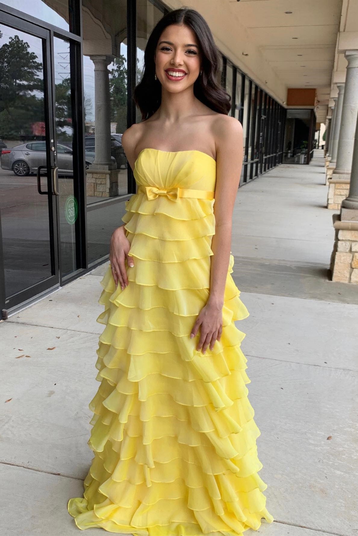  Strapless High-Waist Ruffle Tiered Long Prom Dress with Bow - Prom Dress - DYAVOR® 